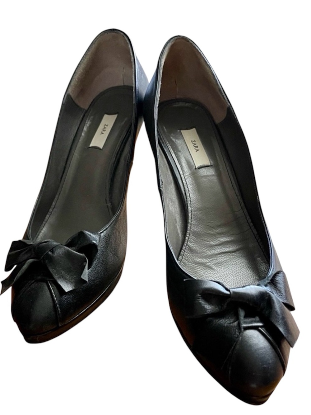 Zara Black Sexy Leather Bow Heels, size 7.5